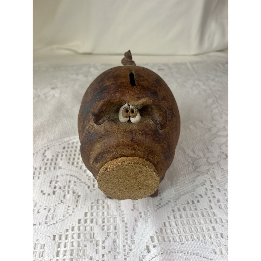 Vintage Signed Studio Pottery Piggy Bank Dorothy Beach Cork Stopper Folk Art - Picture 1 of 16